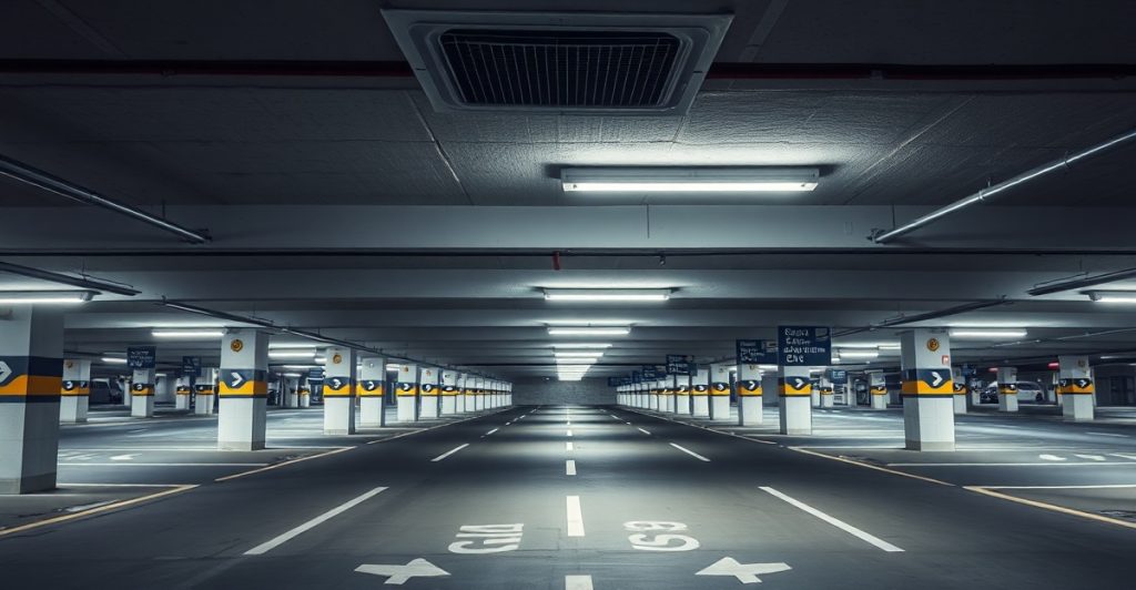 Parking souterrain moderne avec signalétique LED et places PMR, équipé de bornes IRVE pour véhicules électriques - Gestion optimisée du stationneme...