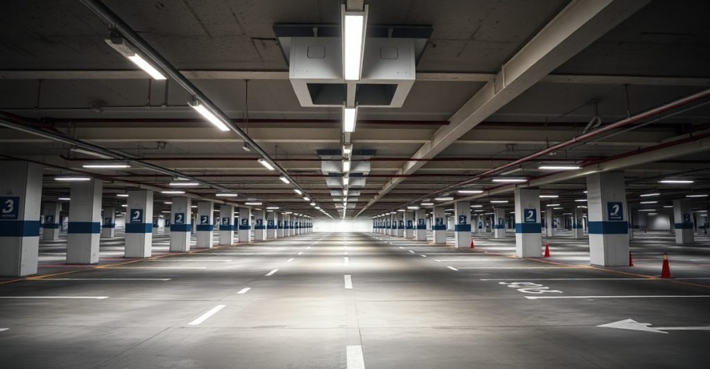 Vue intérieure d'un parking souterrain professionnel avec marquage au sol et signalétique directionnelle pour optimiser le stationnement des véhic...