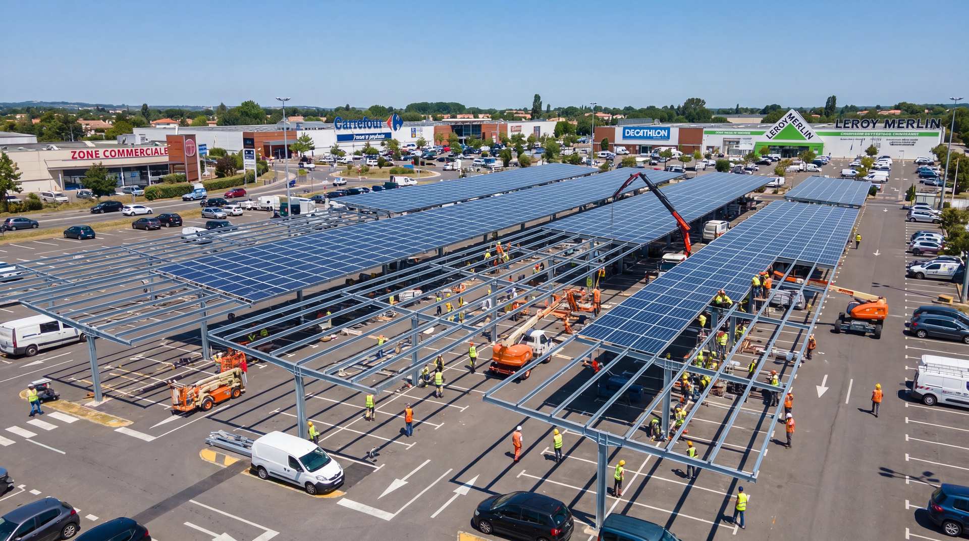 Parking extérieur avec ombrières photovoltaïques — obligation loi APER 2023 et loi Huwart 2025
