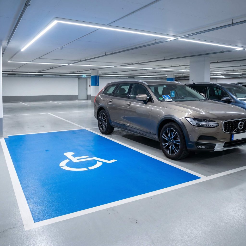 Place de stationnement PMR avec badge CMI visible, parking souterrain — illustration article