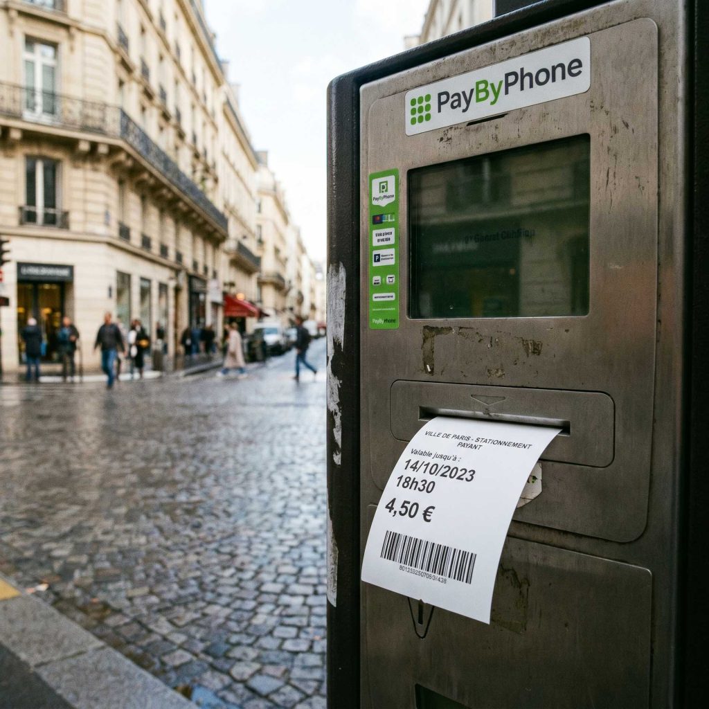 Horodateur de stationnement avec ticket imprimé, rue parisienne