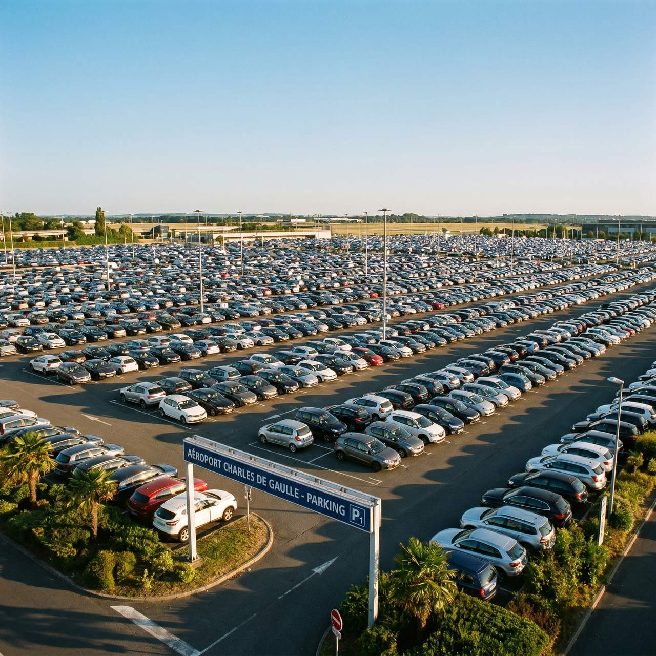 Vue aérienne d'un parking aéroport avec guidage dynamique des places disponibles en été 2026