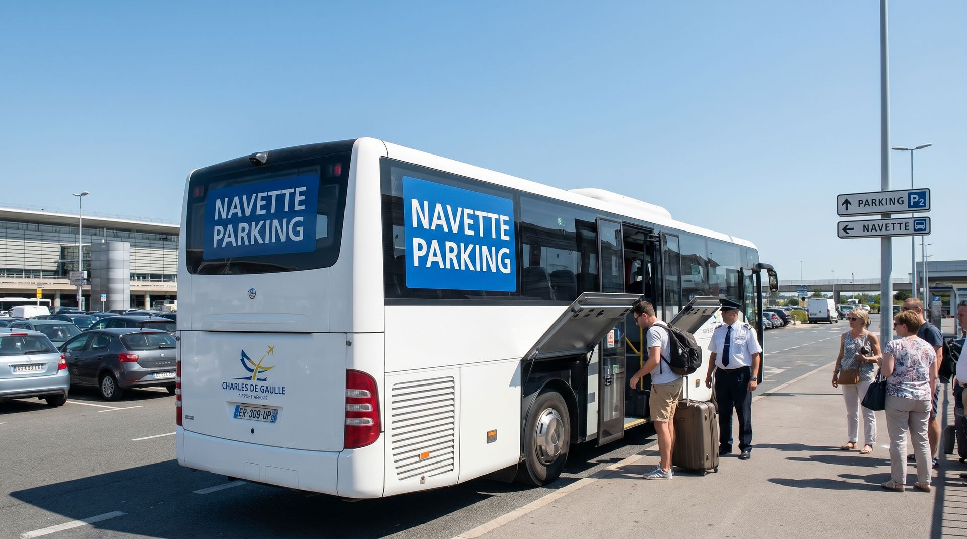 Navette shuttle bus parking aeroport voyageur ete 2026