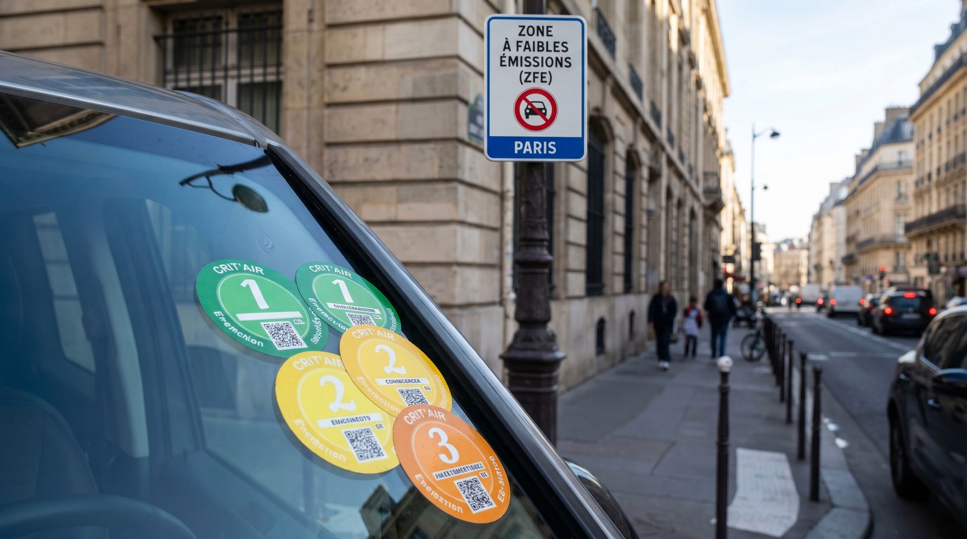 Vignettes Crit Air sur pare-brise panneau ZFE 2026