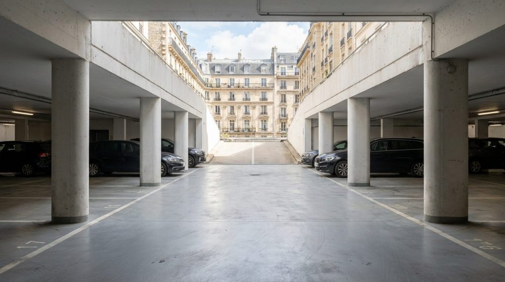 Parking couvert à louer à Paris, places matérialisées et immeuble haussmannien en fond